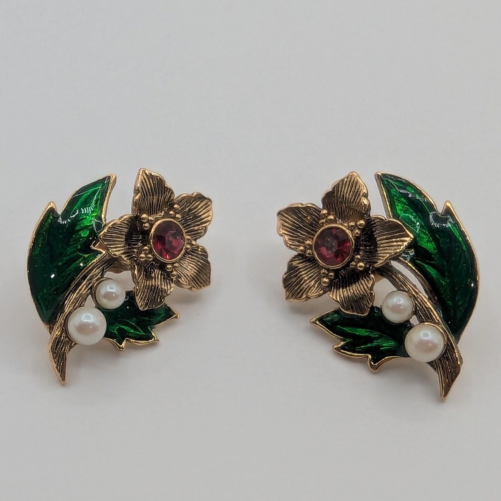 Gold Tone Floral Earrings Red Jewel White Pearl Leaf Enamel Vintage Style